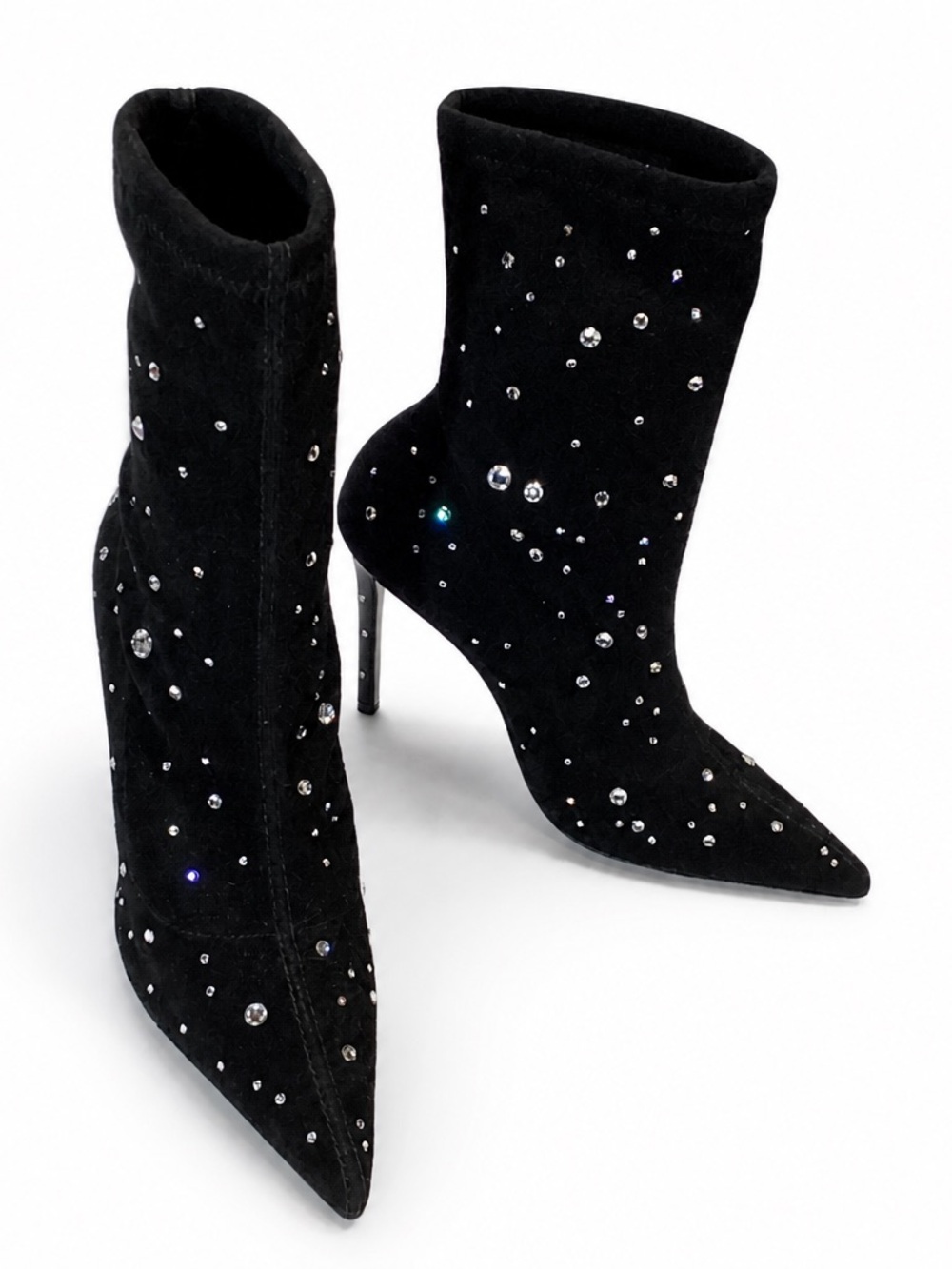 Stuart Weitzman  Black Suede Crystal -Embellished Pointed Toe Stiletto Booties